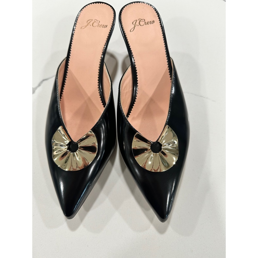 J.Crew Black Patent Leather Pointed Toe Kitten Heel Mules with Gold Sunburst 7.5
